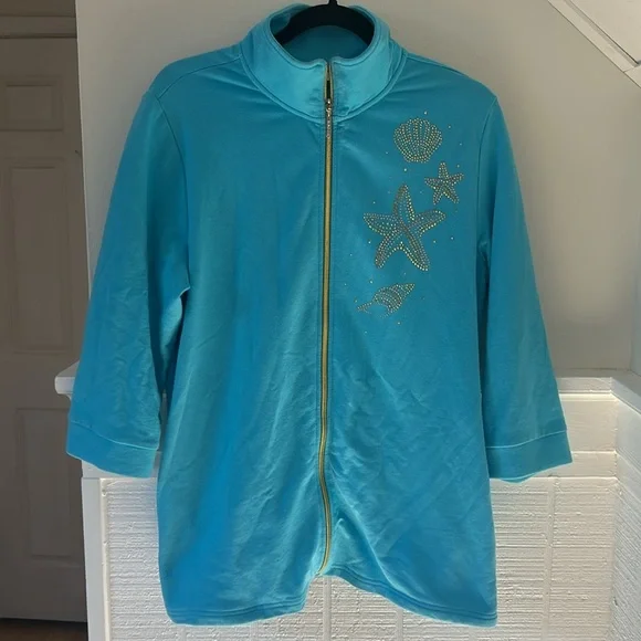 The Quacker Factory Blue 3/4 Sleeve Jacket with Gold Sequin Starfish Medium - Picture 3 of 11